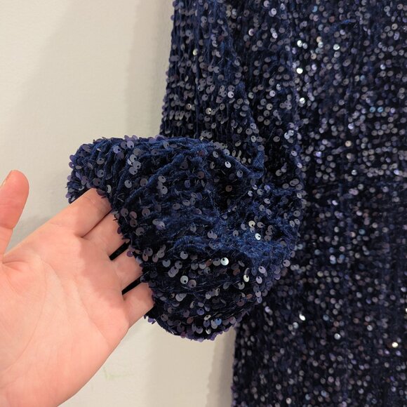ELIE TAHARI Nwt The Robin Sequin Dress 8 Midnight Blue Blouson Sleeve Midi - Picture 7 of 12